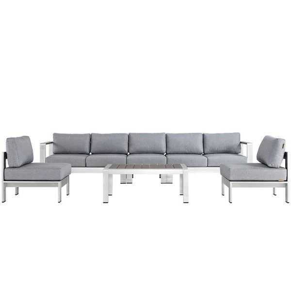 Modway Shore Outdoor Patio Aluminum Sofa Set, Silver and Gray - 6 Piece EEI-2565-SLV-GRY